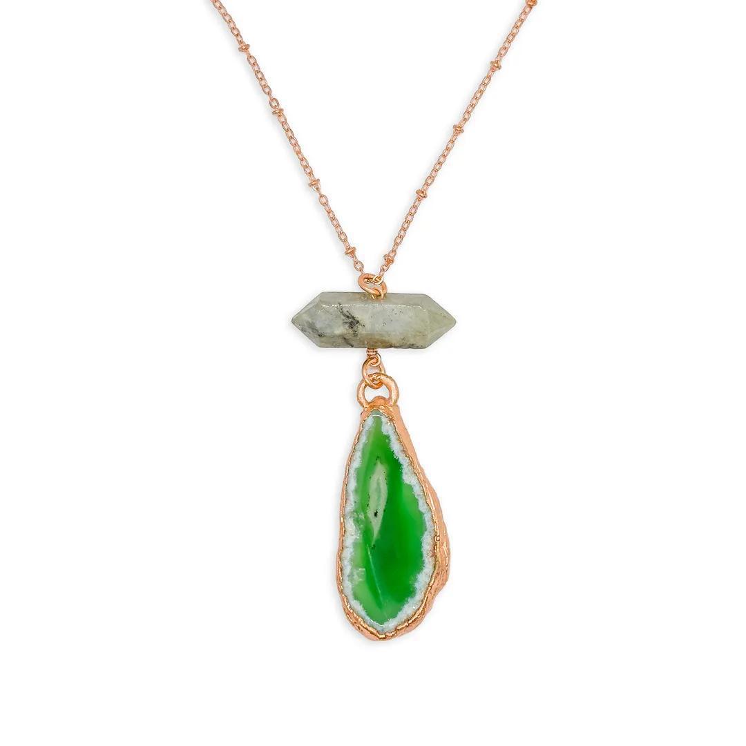 Electroformed Green Agate Pendant with Labradorite Accent Necklace on Copper Chain