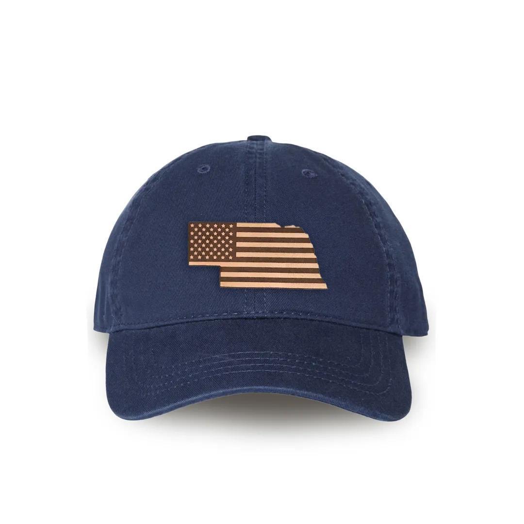 Navy Relaxed Golf Dad Hat with Nebraska State US Flag Natural Leather Patch