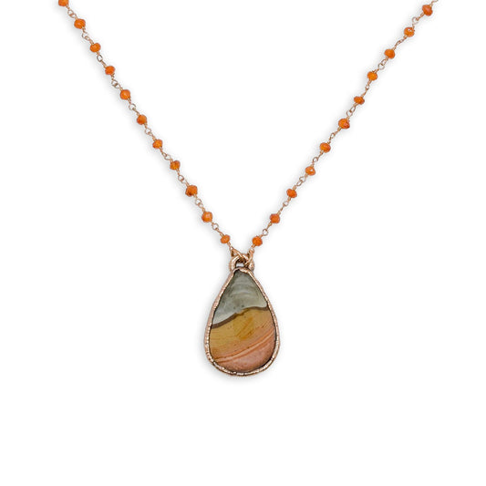 Teardrop Sandhills Picture Jasper Pendant Necklace on 18″ Citrine Beaded Copper Chain