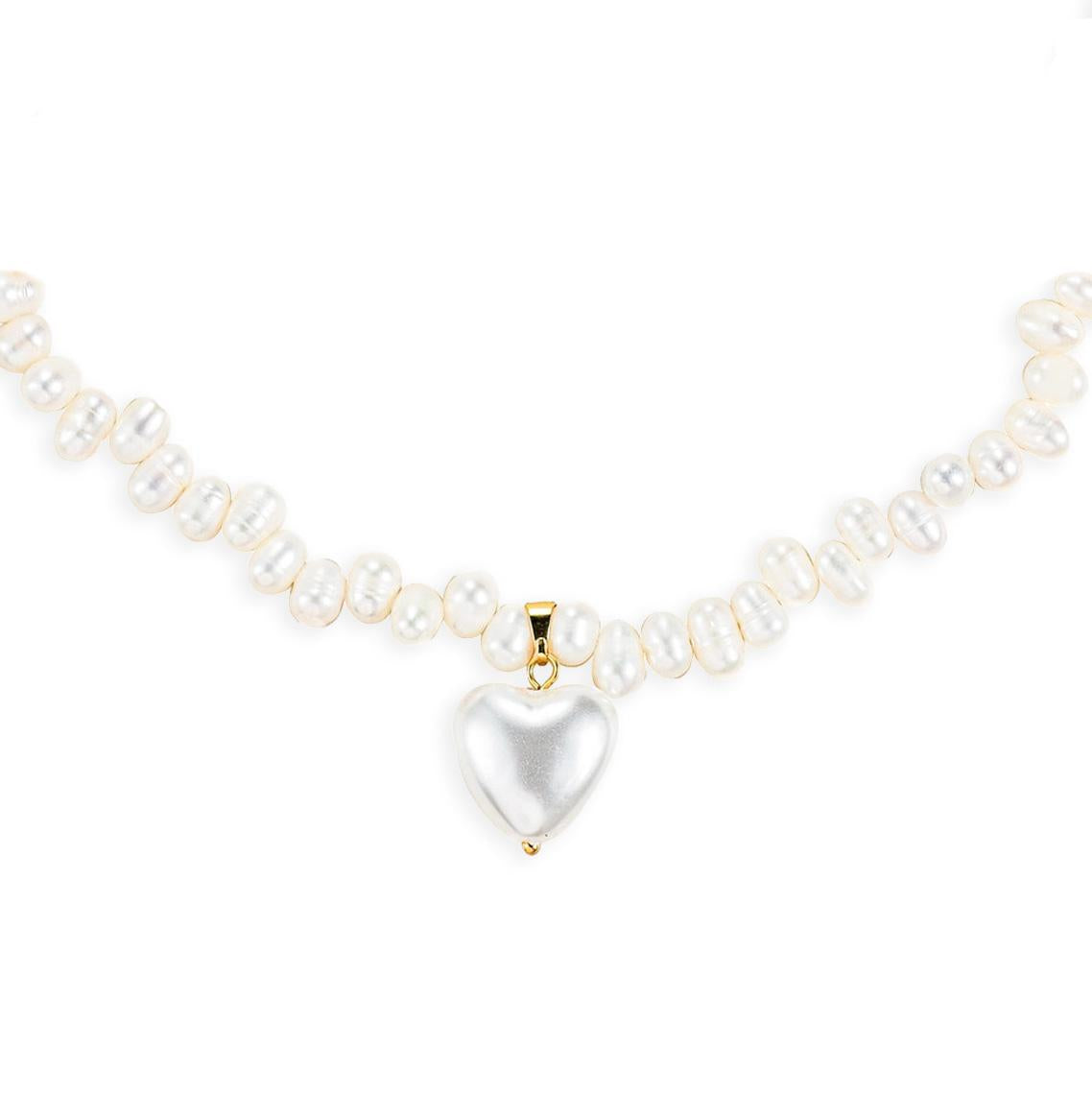 Agape Natural Pearl Choker Necklace with Pearl Heart Pendant and 18K Gold Plated Detail