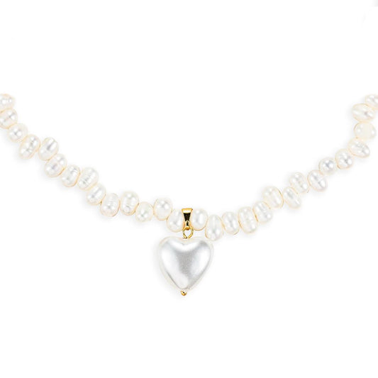 Agape Natural Pearl Choker Necklace with Pearl Heart Pendant and 18K Gold Plated Detail