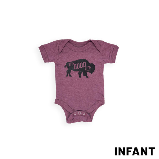 Infant Maroon “The Good Life: Valentine, Neb" Bison Graphic Onesie