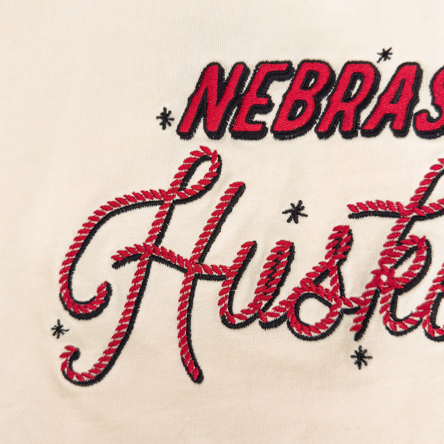 Cream “Nebraska Huskers" Lasso Embroidered Luxe Heavyweight Crop Tee