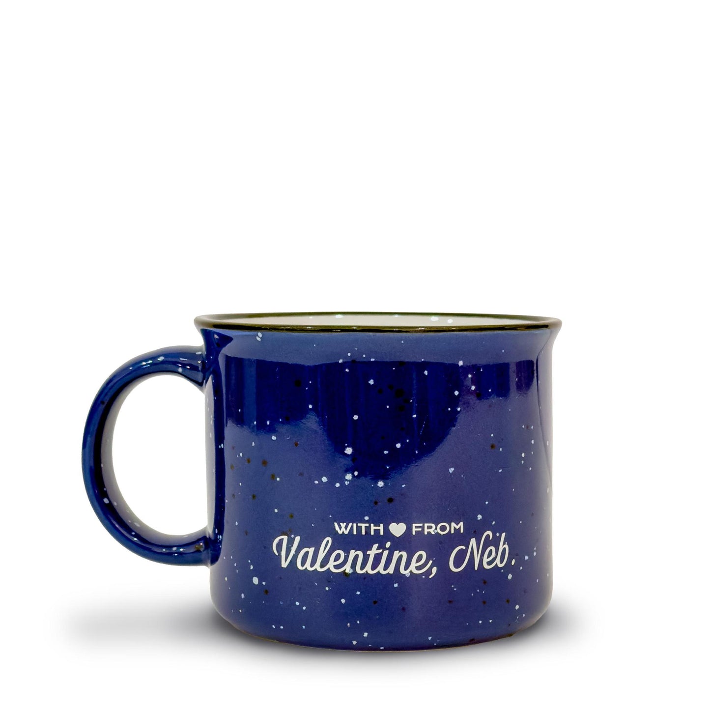 15oz Royal Blue Speckled “Small Town. Big Heart.” Valentine, Nebraska Campfire Ceramic Mug
