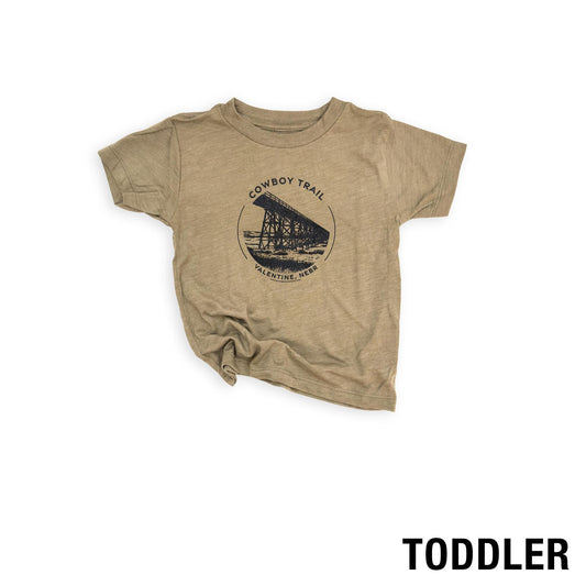 Toddler Olive Triblend “Cowboy Trail: Valentine, Nebr” Railroad Bridge Graphic Tee