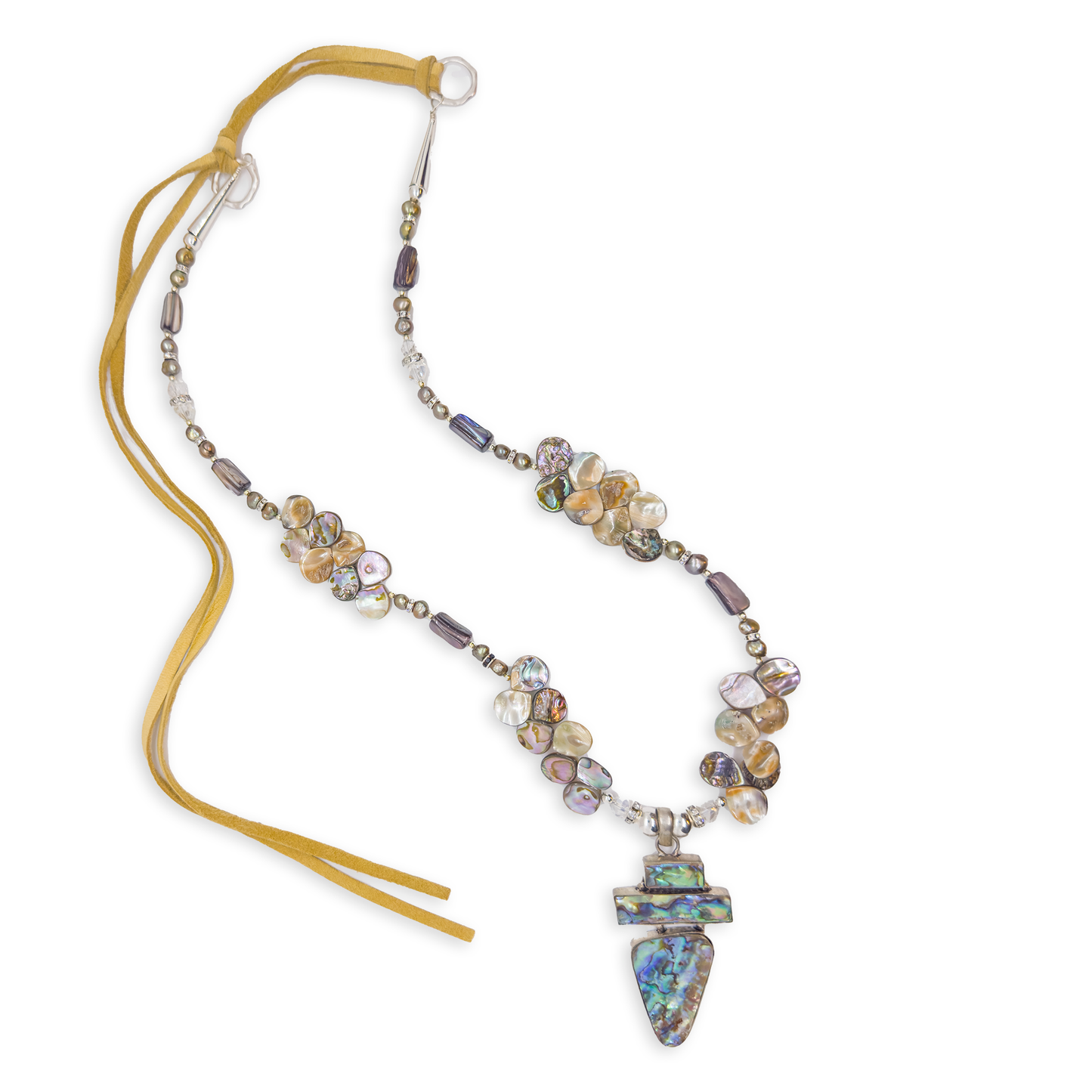 Sicangu Lakota Oyate Abalone, Pearl, Swarovski Crystal, and Leather Sterling Silver Pendant Necklace