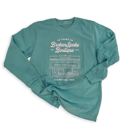 Garment Dyed Seafoam “Broken Spoke Boutique: Ten Years" Anniversary Store Front Heavyweight Graphic Long Sleeve Tee