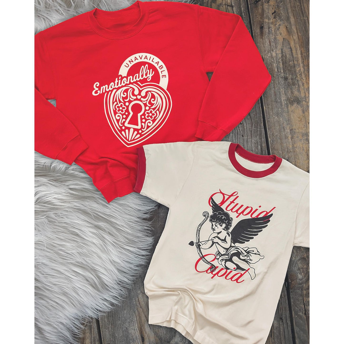 Natural with Red "Stupid Cupid" Anti-Valentine's Day Graphic Ringer Tee