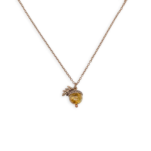Citrine Acorn Pendant Necklace with Copper Leaf on 20″ Copper Chain