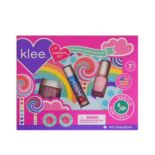 Spinning Pink Non-Toxic Play Makeup Kit with Bioglitter Gel, Water-Based Nail Polish, and Lip Shimmer