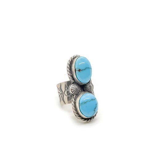 Navajo Sleeping Beauty Turquoise Double Stone Sterling Silver Ring by Joe Piaso Jr. / Jack Adakai - Size 8.5