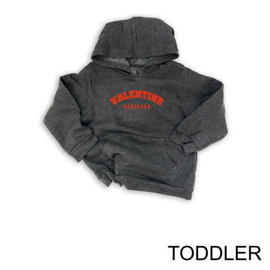 Toddler Dark Heather Grey "Valentine, Nebraska" Varsity Graphic Hooded Sweatshirt