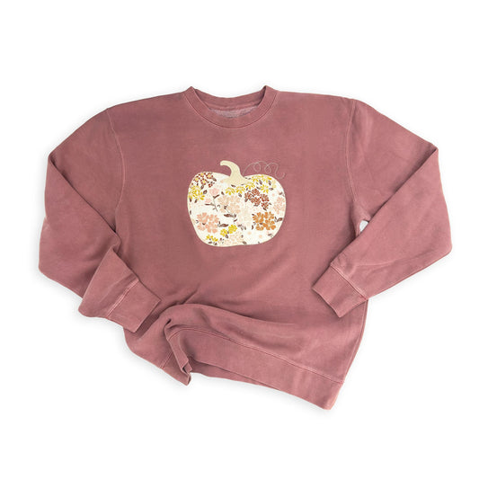 Pigment Dyed Maroon Fall Floral Pumpkin Appliqué Sweatshirt