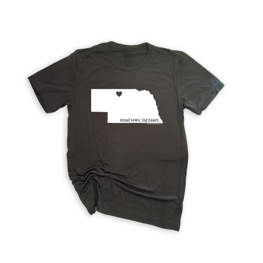 Charcoal Grey “Small Town. Big Heart.” Valentine Nebraska Graphic Tee