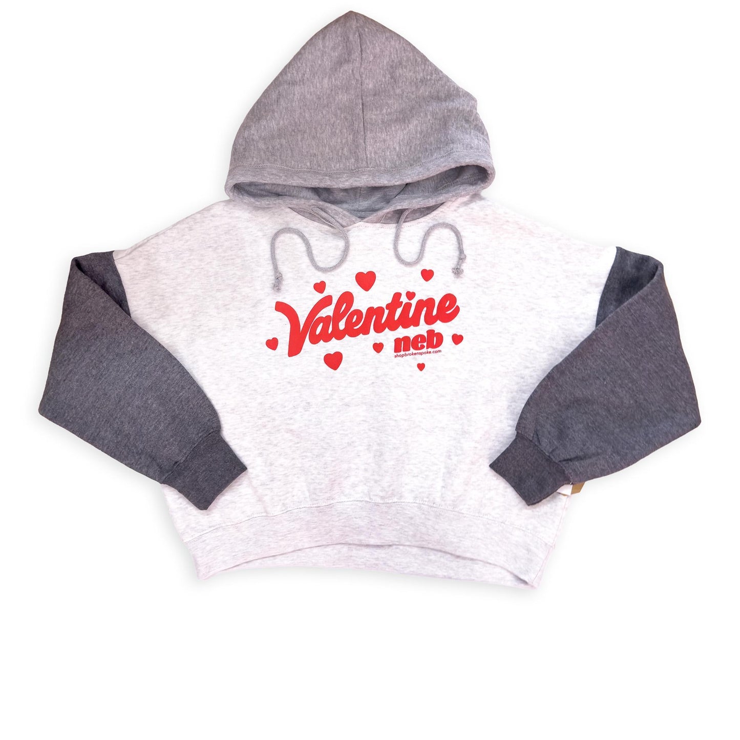 Women's Charcoal & Heather “Valentine Neb" Hearts Puff Print Sueded Fleece Colorblock Cropped Hooded Graphic Sweatshirt