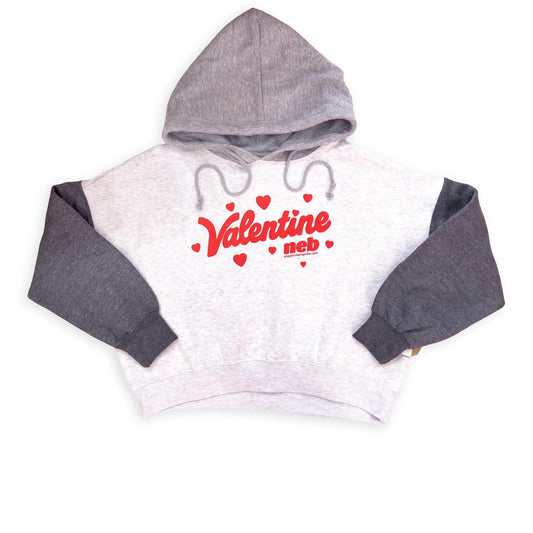 Women's Charcoal & Heather “Valentine Neb" Hearts Puff Print Sueded Fleece Colorblock Cropped Hooded Graphic Sweatshirt