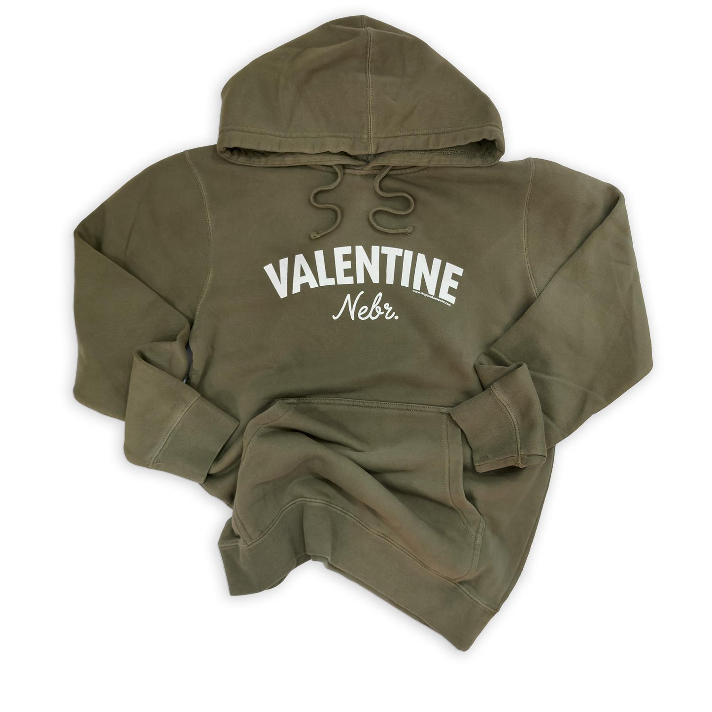 Pigment-Dyed Army Green “Valentine, Nebr.” Midweight Hooded Graphic Sweatshirt