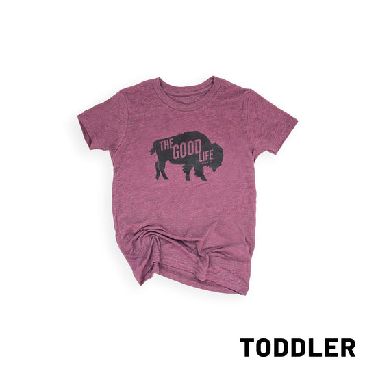 Toddler Maroon “The Good Life: Valentine, Neb" Bison Graphic Tee
