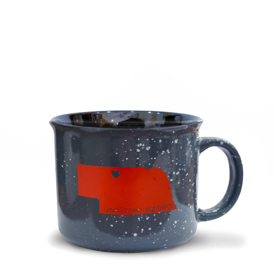 15oz Grey Speckled “Small Town. Big Heart.” Valentine, Nebraska Campfire Ceramic Mug in Red