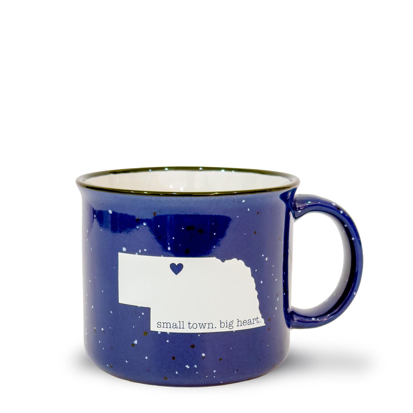 15oz Royal Blue Speckled “Small Town. Big Heart.” Valentine, Nebraska Campfire Ceramic Mug