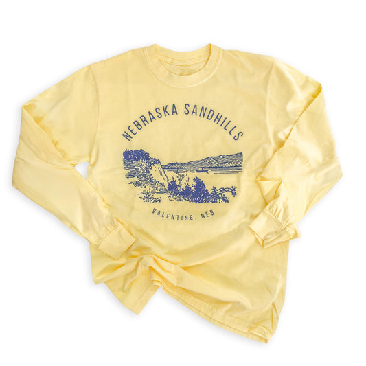 Garment Dyed Light Yellow “Nebraska Sandhills: Valentine, Neb” Heavyweight Graphic Long Sleeve Tee