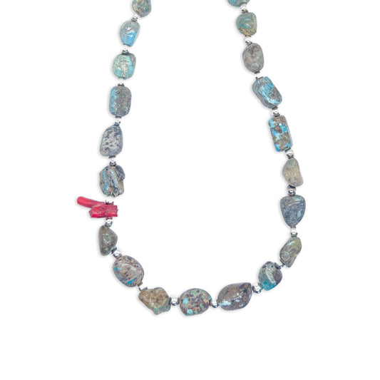 Sicangu Lakota Oyate Turquoise with Red Coral and Sterling Silver Accent Necklace