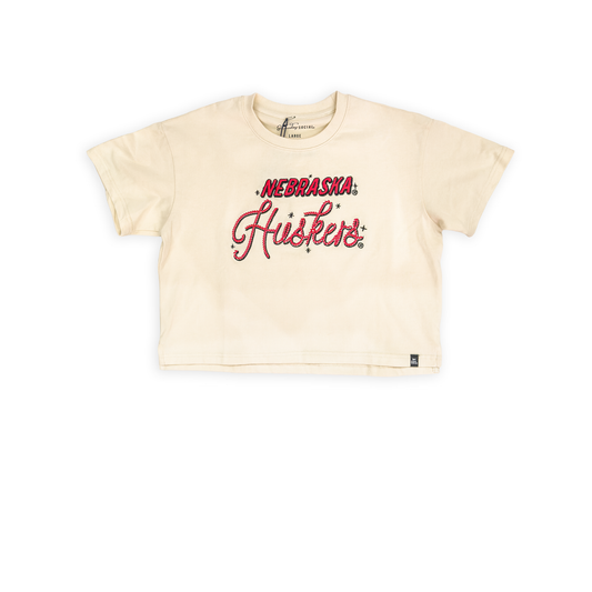 Cream “Nebraska Huskers" Lasso Embroidered Luxe Heavyweight Crop Tee