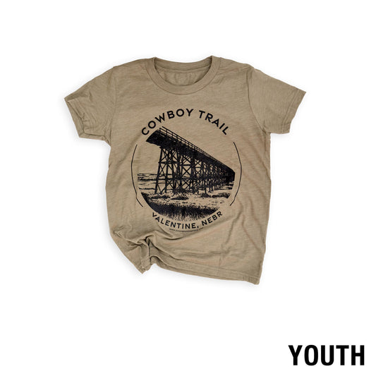 Youth Olive Triblend “Cowboy Trail: Valentine, Nebr” Railroad Bridge Graphic Tee