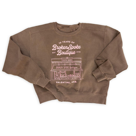 Garment-Dyed Espresso “Broken Spoke Boutique: Ten Years" Anniversary Store Front Mid-Crop Graphic Sweatshirt