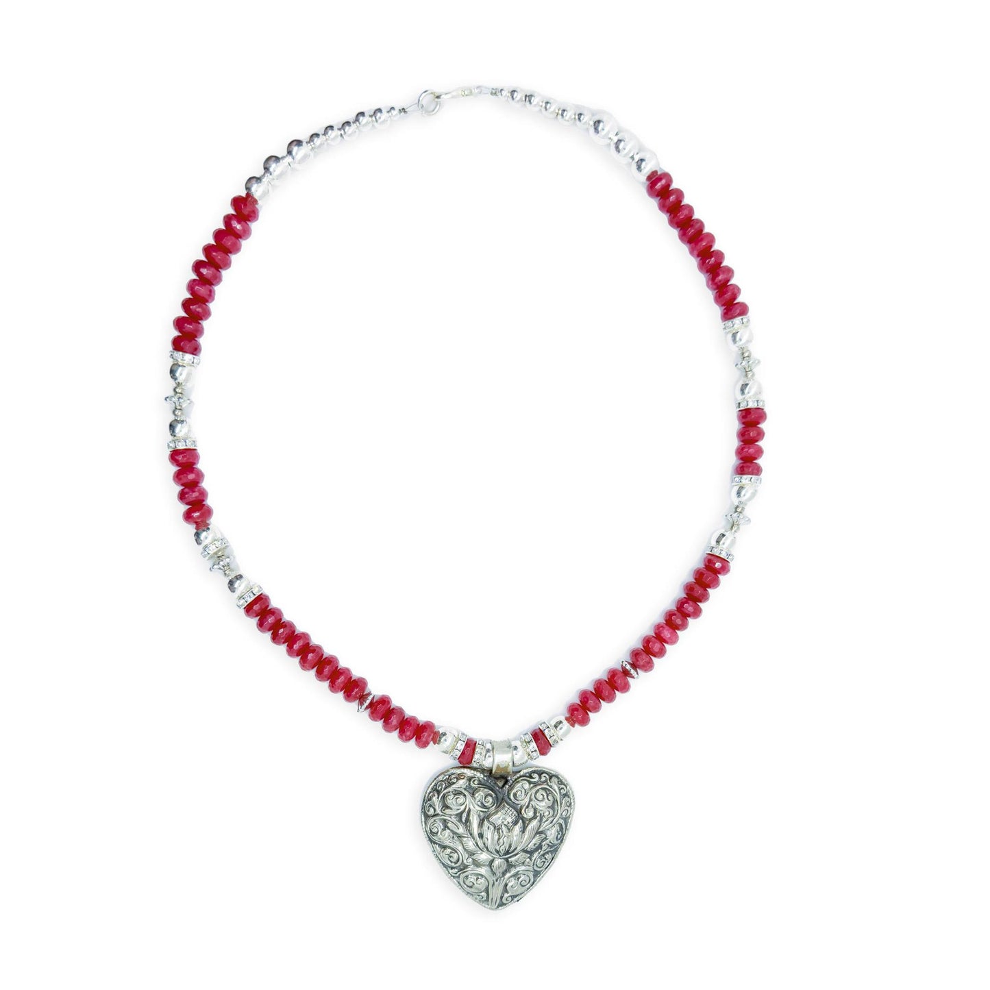 Sicangu Lakota Oyate Sterling Silver Heart Necklace with Raw Ruby Beads and Swarovski Crystals Accent