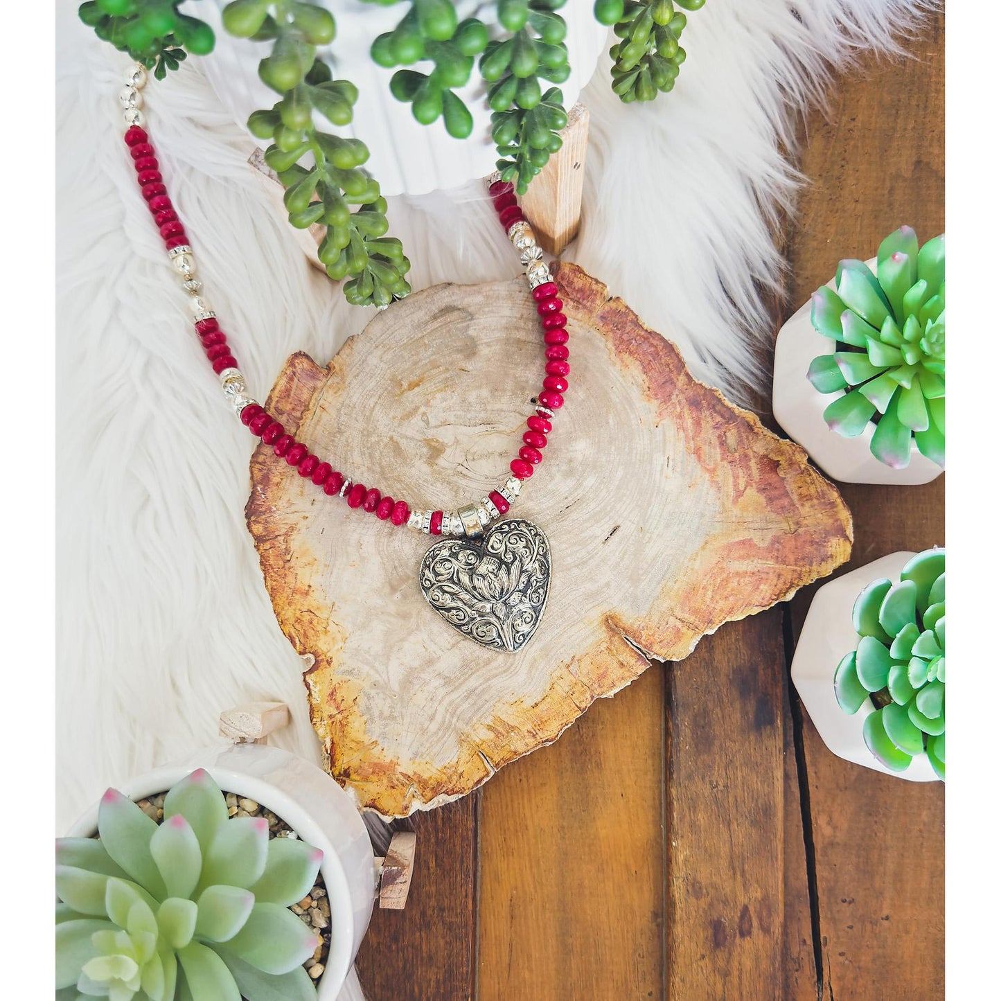 Sicangu Lakota Oyate Sterling Silver Heart Necklace with Raw Ruby Beads and Swarovski Crystals Accent