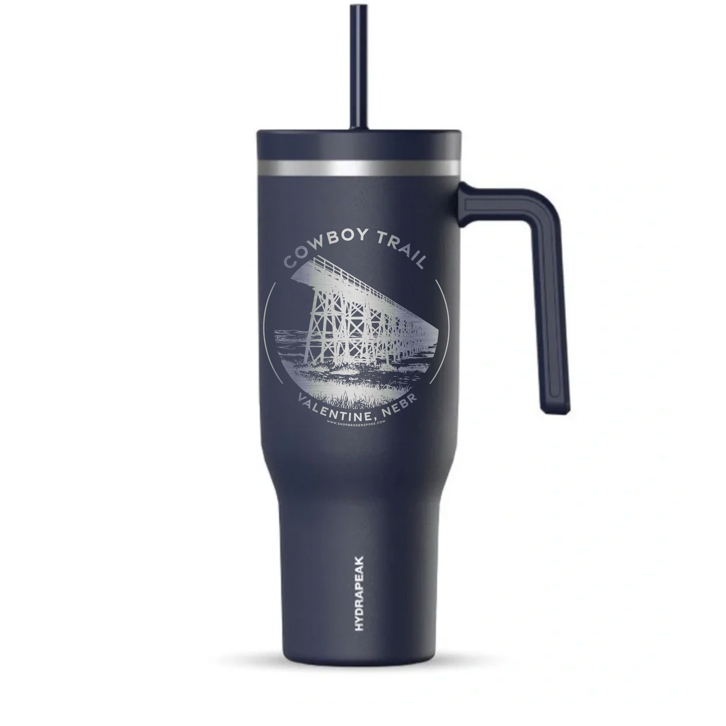Navy 40oz “Cowboy Trail: Valentine, Nebr” Railroad Bridge Etched Double Insulated Voyager Tumbler