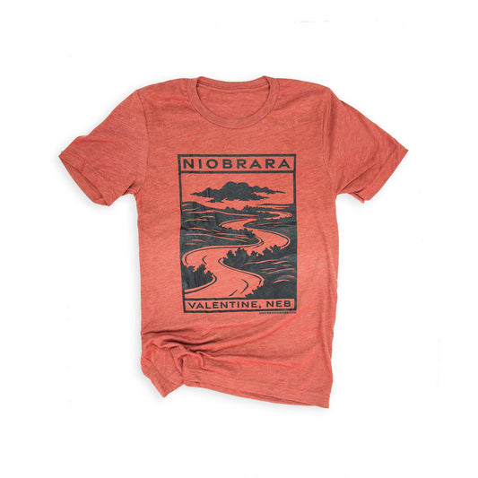Rust Triblend “Niobrara: Valentine, Neb” Block Print Style Graphic Tee
