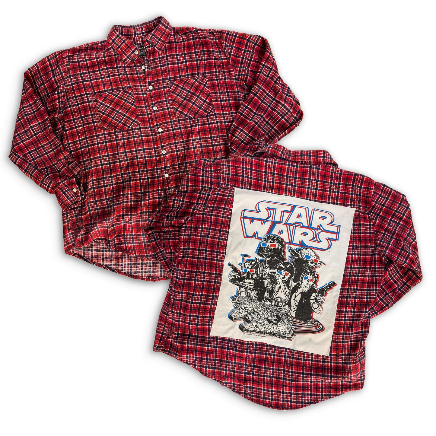 Vintage Rugged Upcycled Plaid Flannel with Star Wars 3D Graphic Tee Patch