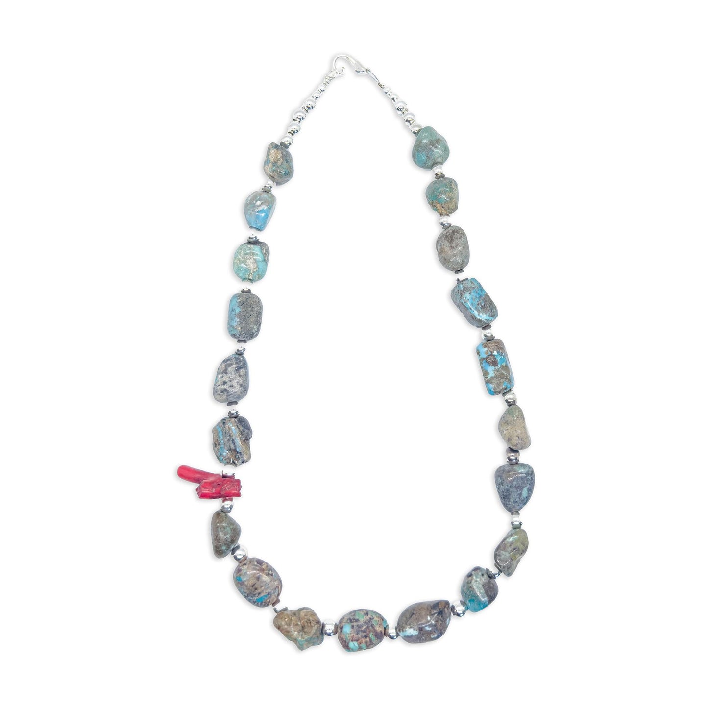 Sicangu Lakota Oyate Turquoise with Red Coral and Sterling Silver Accent Necklace