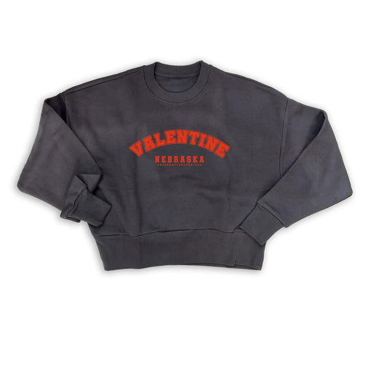 Women's Graphite Black "Valentine, Nebraska" Varsity Heavyweight Crewneck Graphic Sweatshirt