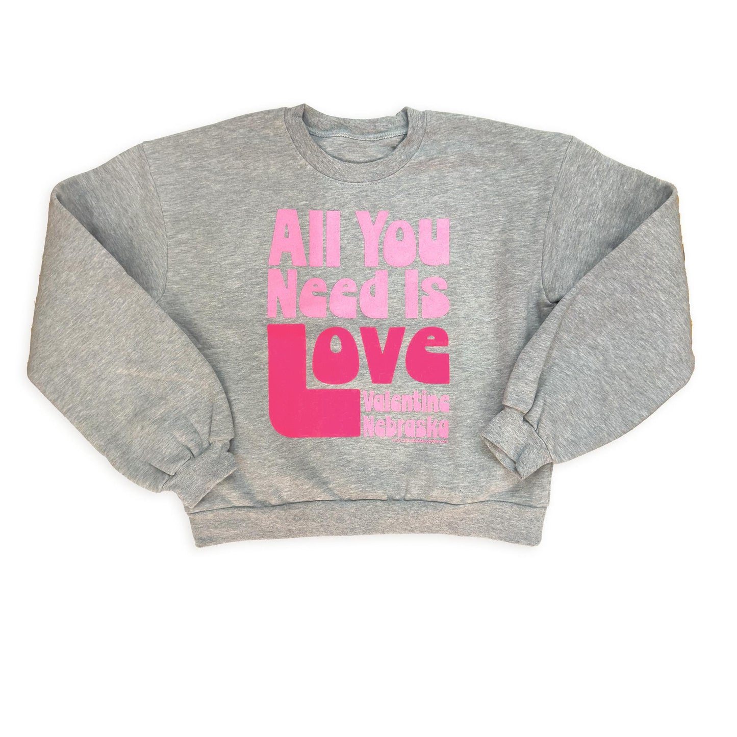 Heather Grey Retro "All You Need Is Love: Valentine, Nebraska" Women's Eco Fleece Graphic Sweatshirt