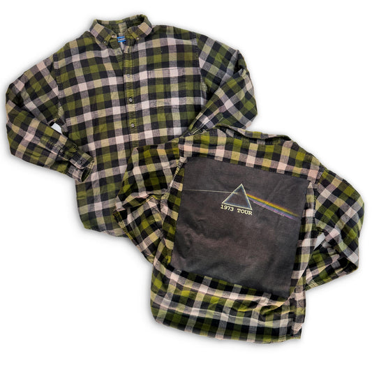 Vintage Croft & Barrow Upcycled Plaid Flannel with Pink Floyd Dark Side of the Moon "1973 Tour" Band Tee Patch