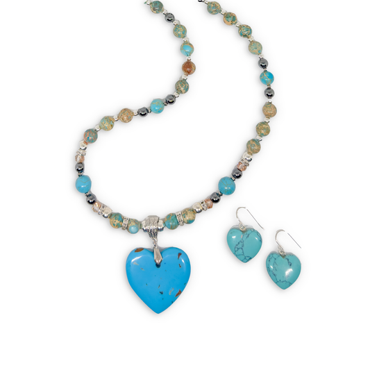 Sicangu Lakota Oyate Dyed Howlite Heart with Jasper Stone Necklace and Earring Set