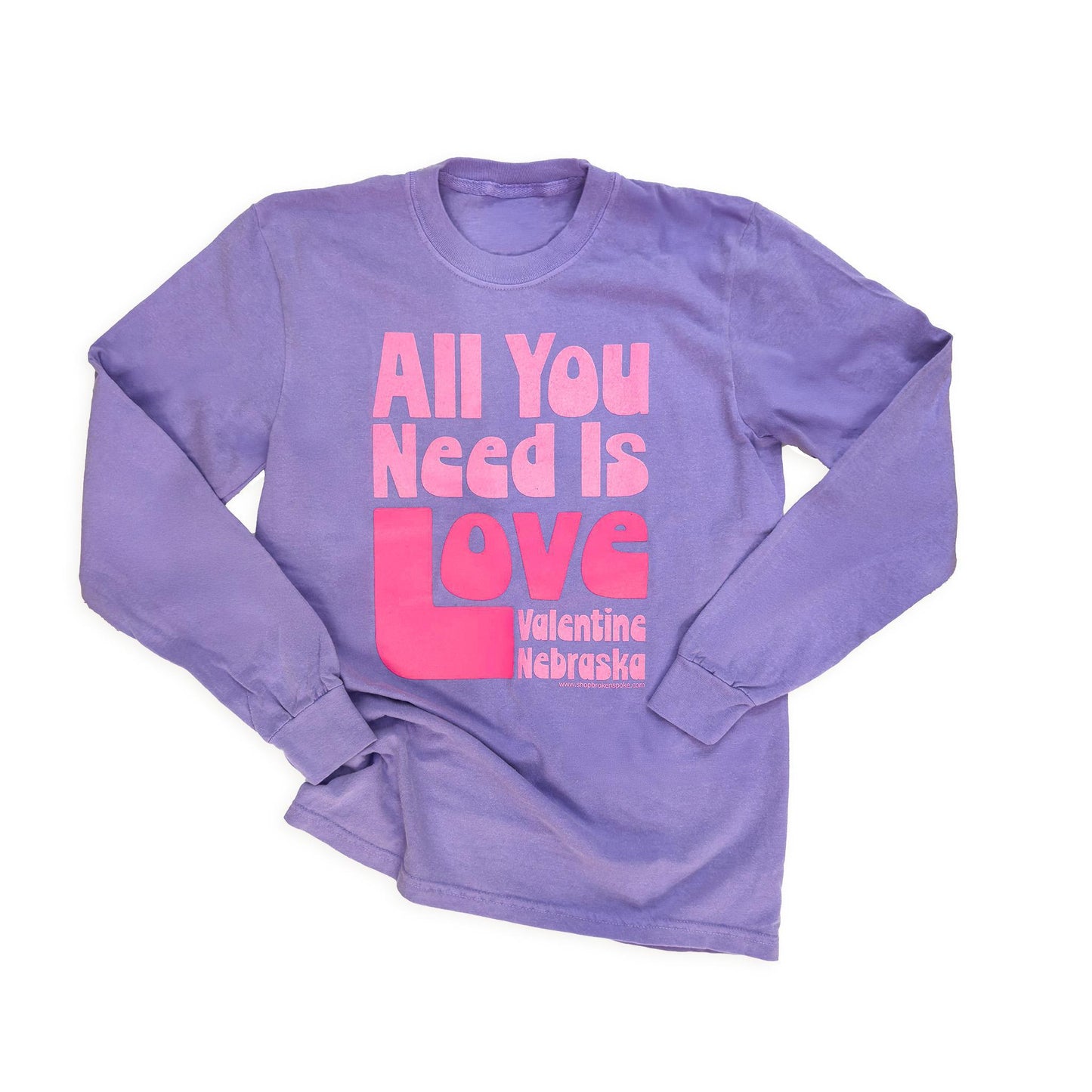 Violet Vintage-Dyed Retro "All You Need Is Love: Valentine, Nebraska" Heavyweight Long Sleeve Graphic Tee