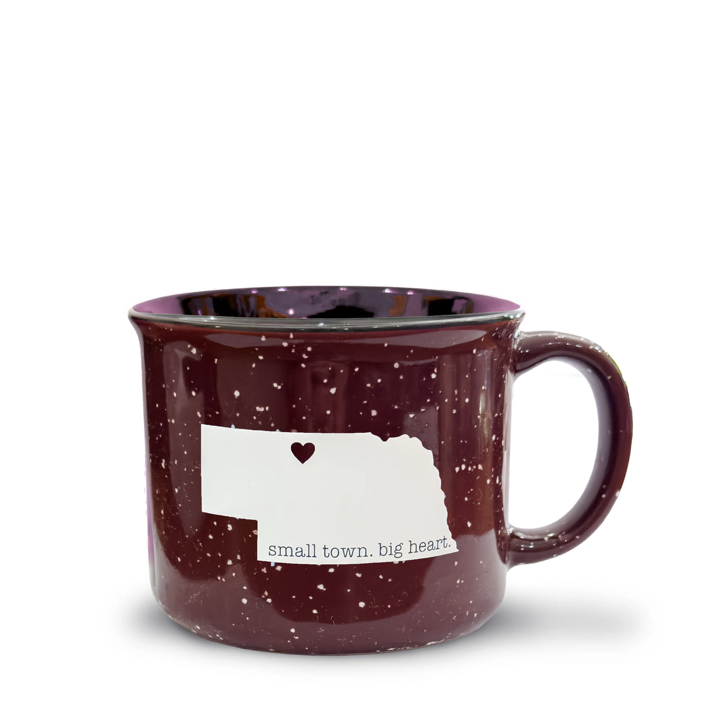 15oz Maroon Speckled “Small Town. Big Heart.” Valentine, Nebraska Campfire Ceramic Mug in White