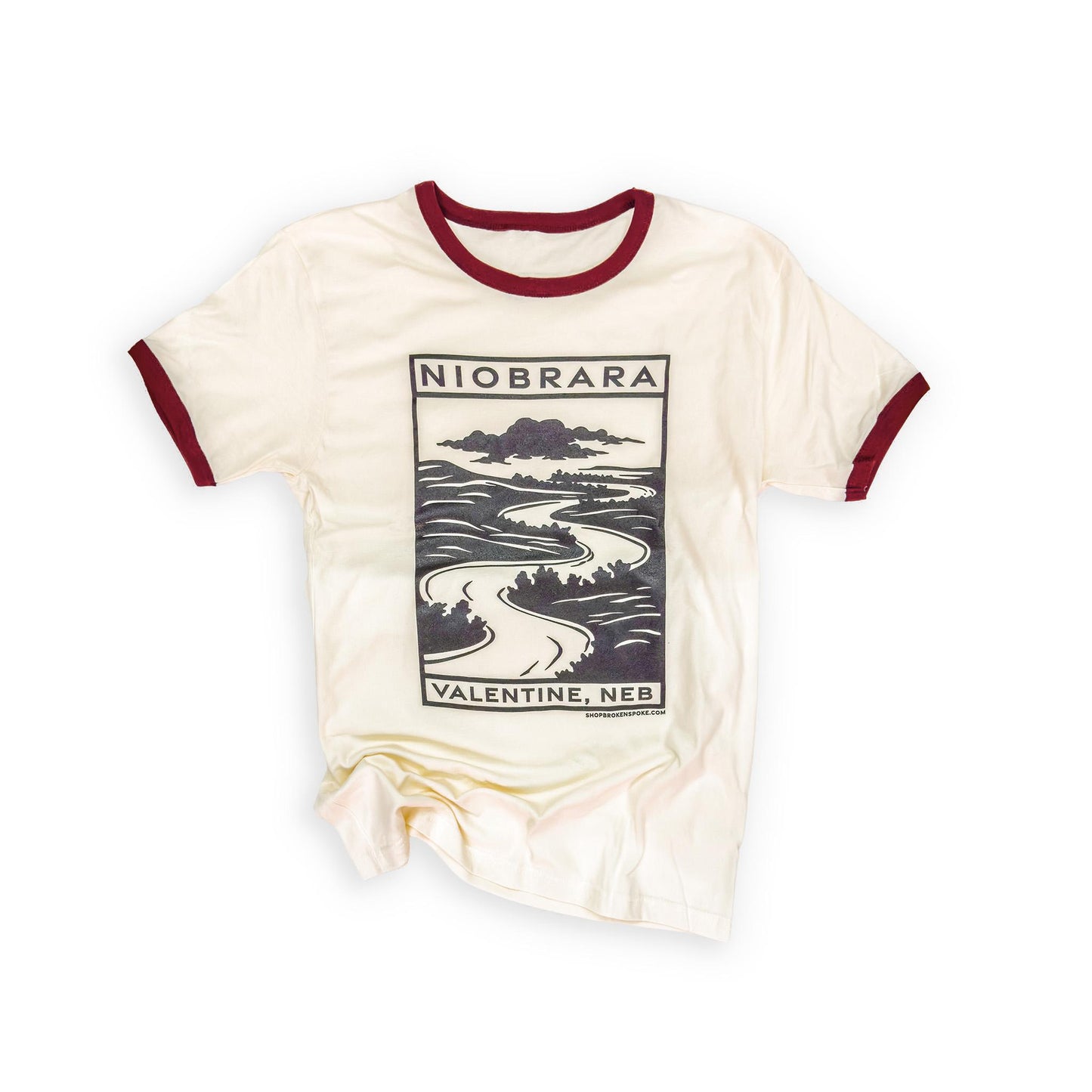 Natural “Niobrara: Valentine, Neb” Block Print Style Graphic Maroon Ringer Tee