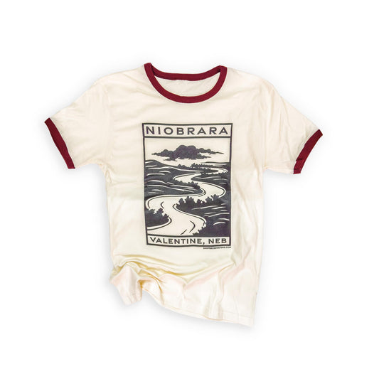Natural “Niobrara: Valentine, Neb” Block Print Style Graphic Maroon Ringer Tee