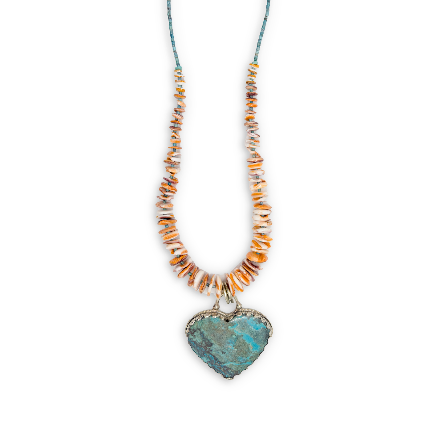 Sicangu Lakota Oyate Turquoise Heart Pendant Necklace with Spiny Oyster and Nevada Blue Turquoise Heishi Beads