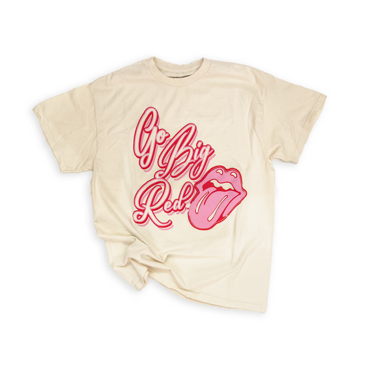 Cream “Go Big Red" Rolling Stones Logo Nebraska Husker Puff Graphic Tee
