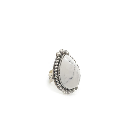 Navajo Teardrop White Buffalo Sterling Silver Ring - Adjustable Size