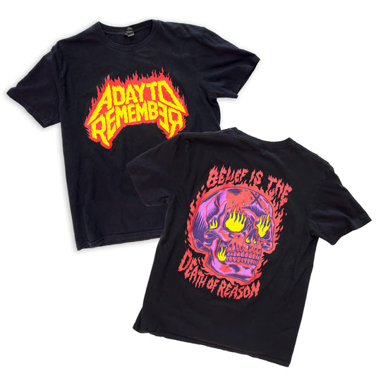 A Day to Remember “Belief Is The Death Of Reason" Flaming Skull Graphic Band Tee