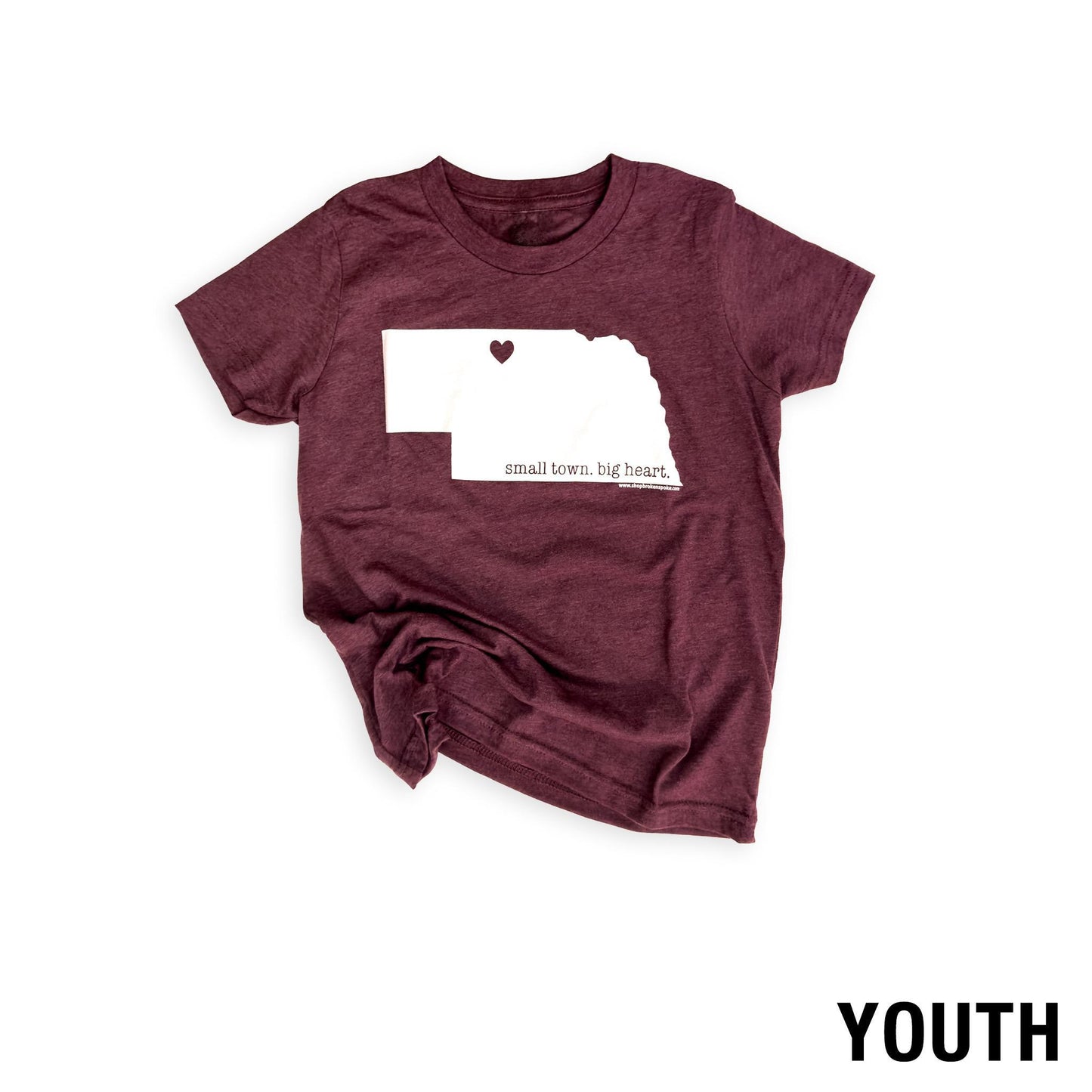 Youth Heather Maroon “Small Town. Big Heart.” Valentine, Nebraska State Graphic Tee