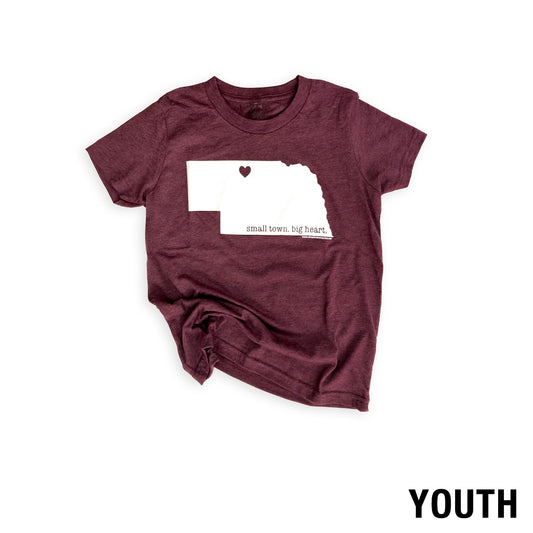 Youth Heather Maroon “Small Town. Big Heart.” Valentine, Nebraska State Graphic Tee