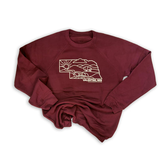 Maroon “Valentine, Neb” Nebraska State Sandhills & Bison Sponge Fleece Crewneck Graphic Sweatshirt